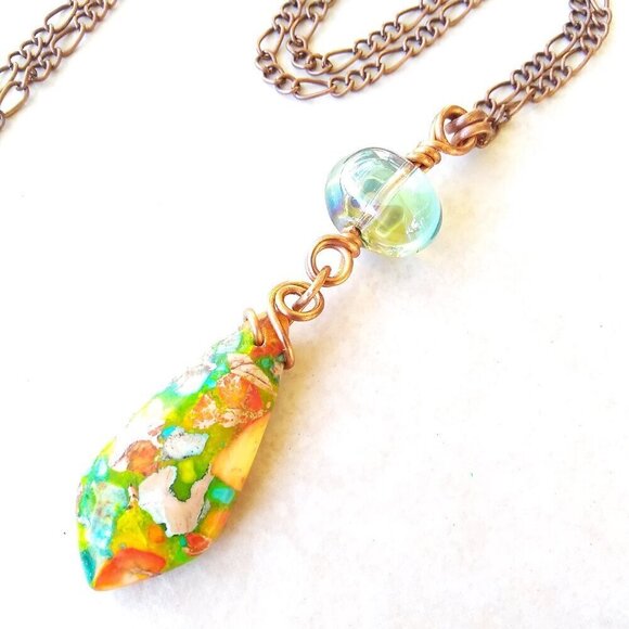 Vibrant Autumnn Colors! Green Sea Sediment Jasper Teardrop Copper Necklace - Picture 2 of 11
